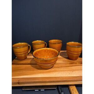 Home Trends Heavy Duty Brown Speckled Coffee/Tea Mug Set Of 4 W/ 1 Bowl/Dish 6"